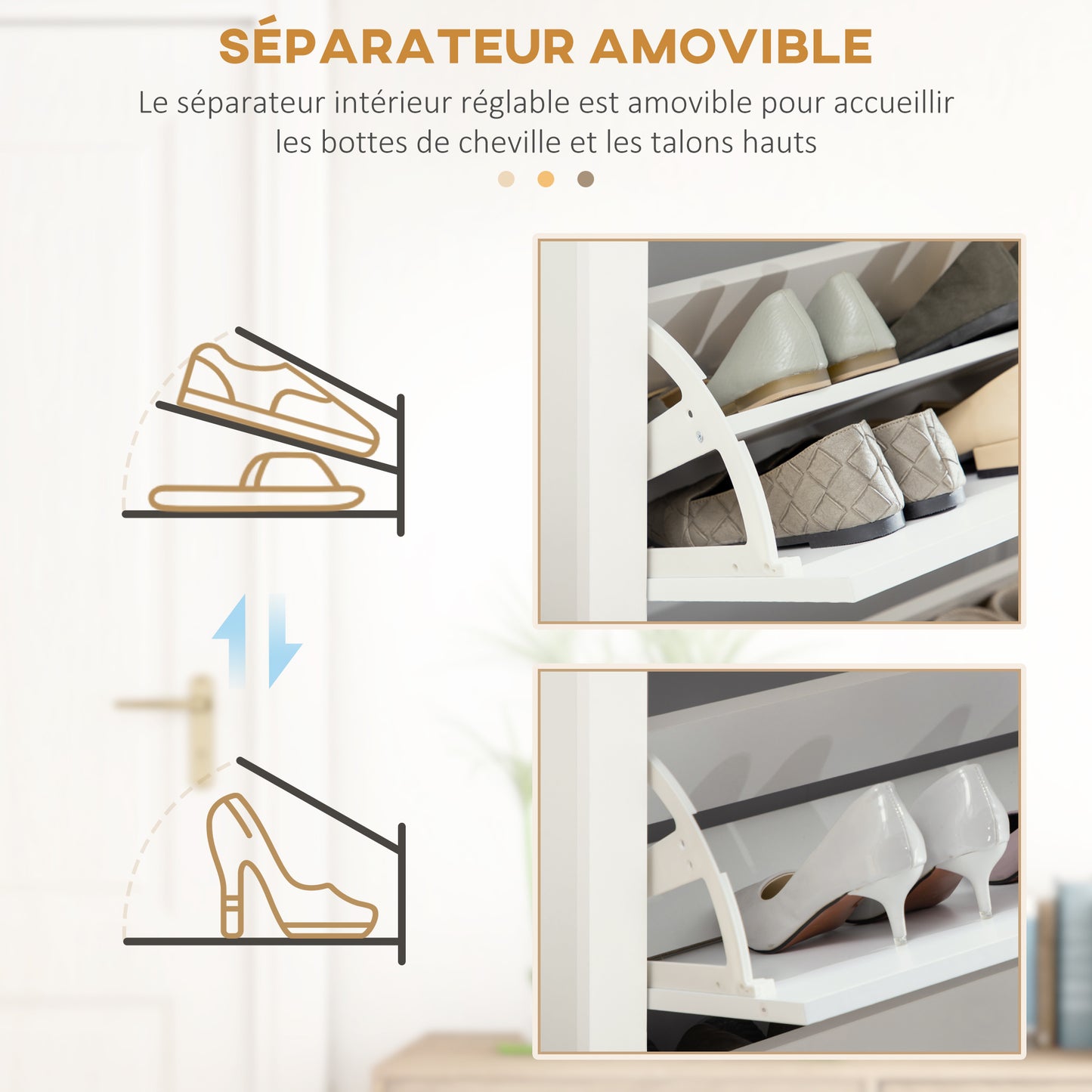 Slim Shoe Cabinet, Narrow Shoe Cupboard with 3 Flip Drawers, Adjustable Shelves for 18 Pairs of Shoes for Hallway, White, HOMCOM, 6