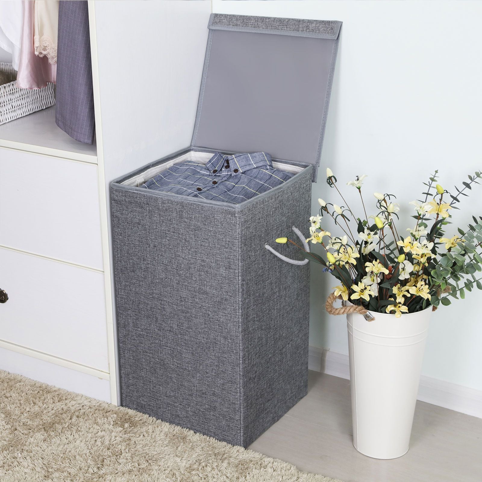 Linen Laundry Basket, Fabric Laundry Hamper, Grey Laundry Sorter, 85L Laundry Basket, Clothes Divider, Grey , SONGMICS