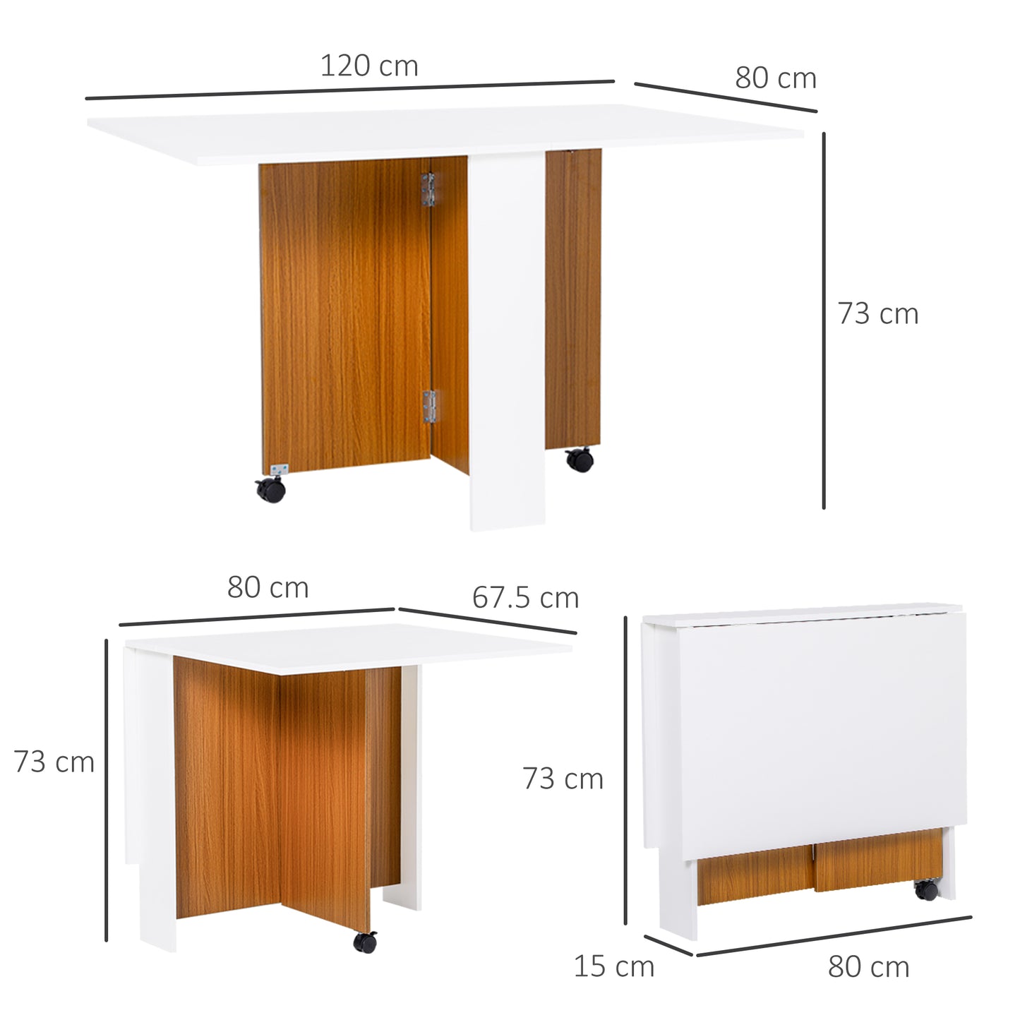 Folding Dining Table, Writing Desk Workstation w/ Casters Teak Colour, Extendable Dining Table, Brown, White, HOMCOM, 3