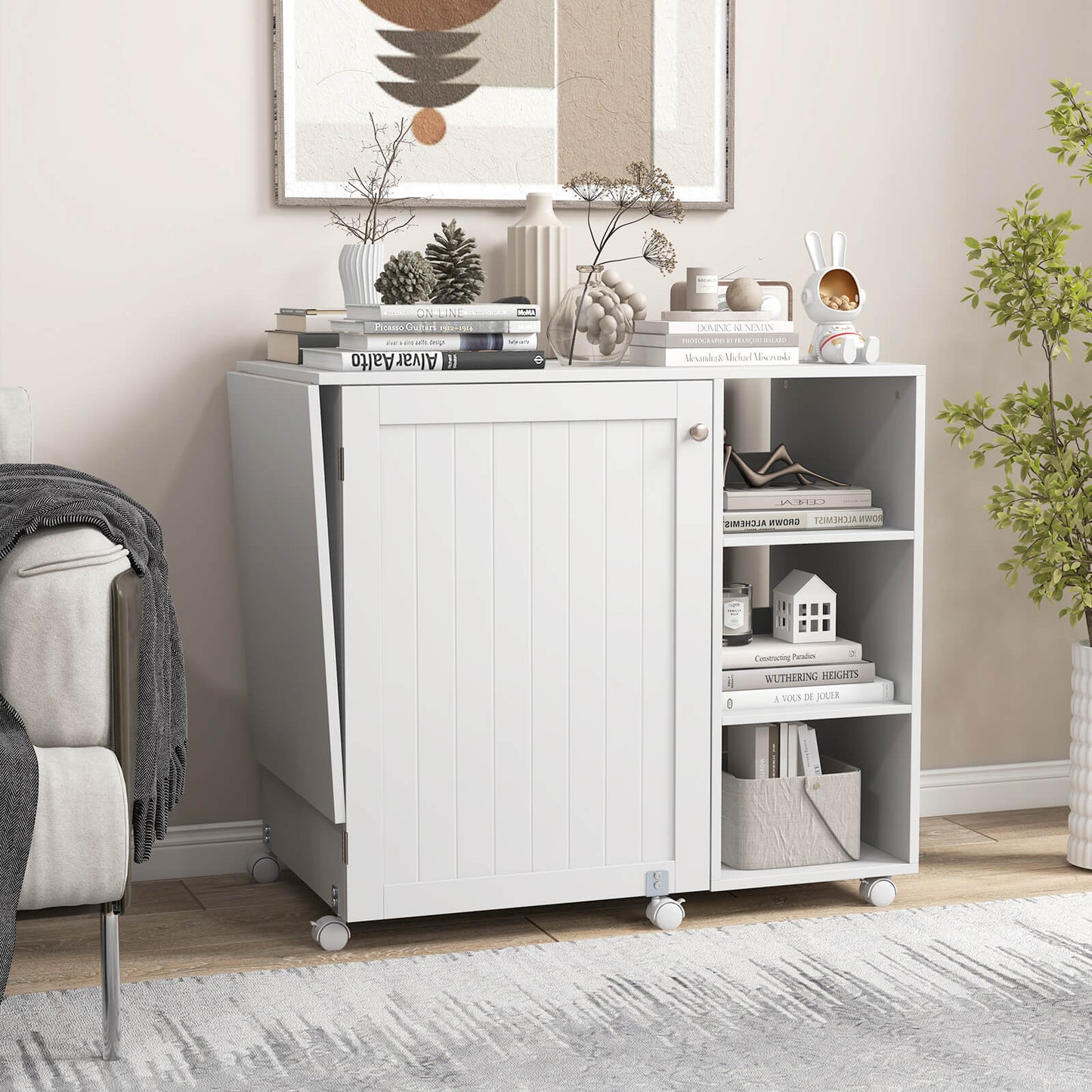Folding Sewing Table with Storage Shelves and 18 Pegs and Lockable Casters-White, Costway, 3