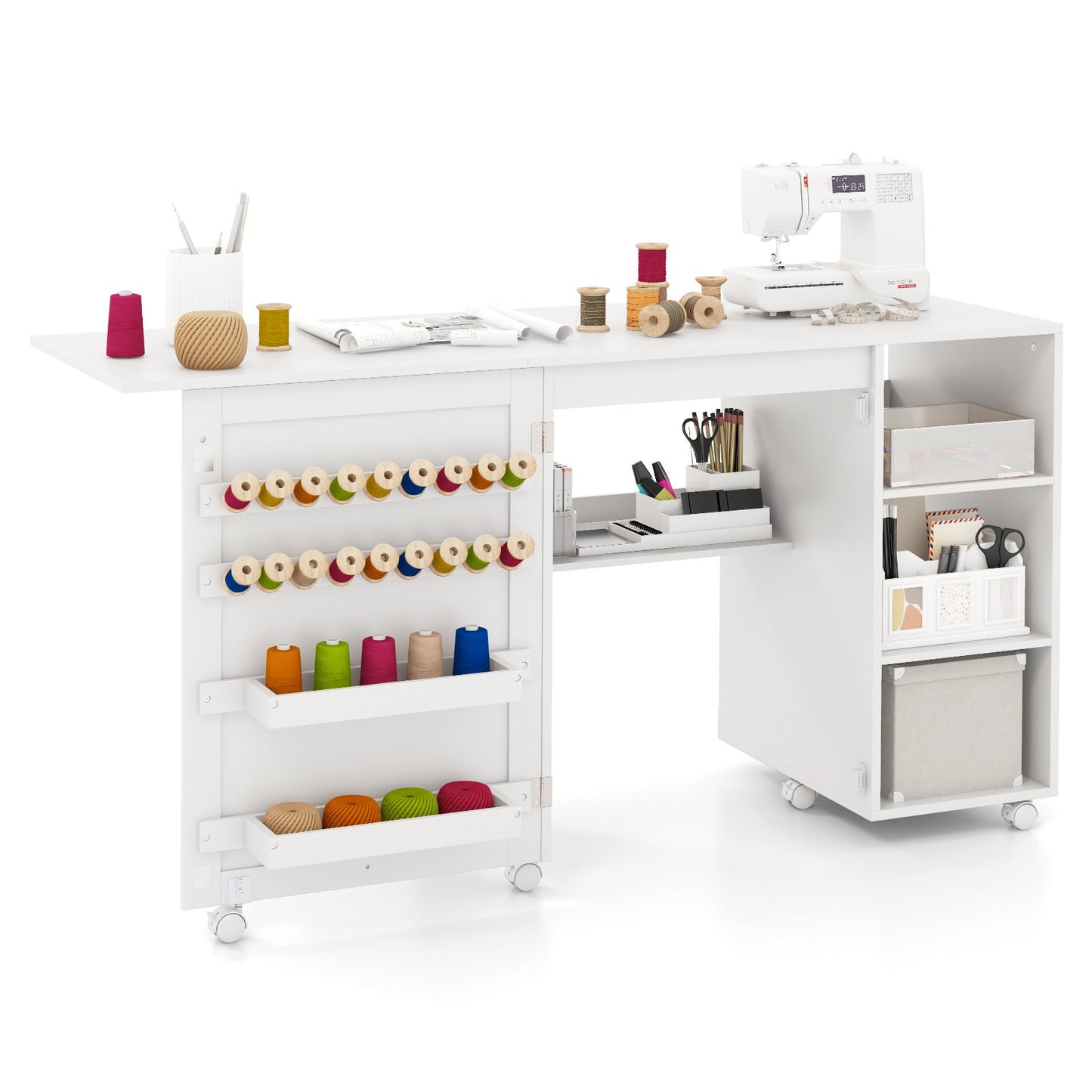 Folding Sewing Table with Storage Shelves and 18 Pegs and Lockable Casters-White, Costway, 1