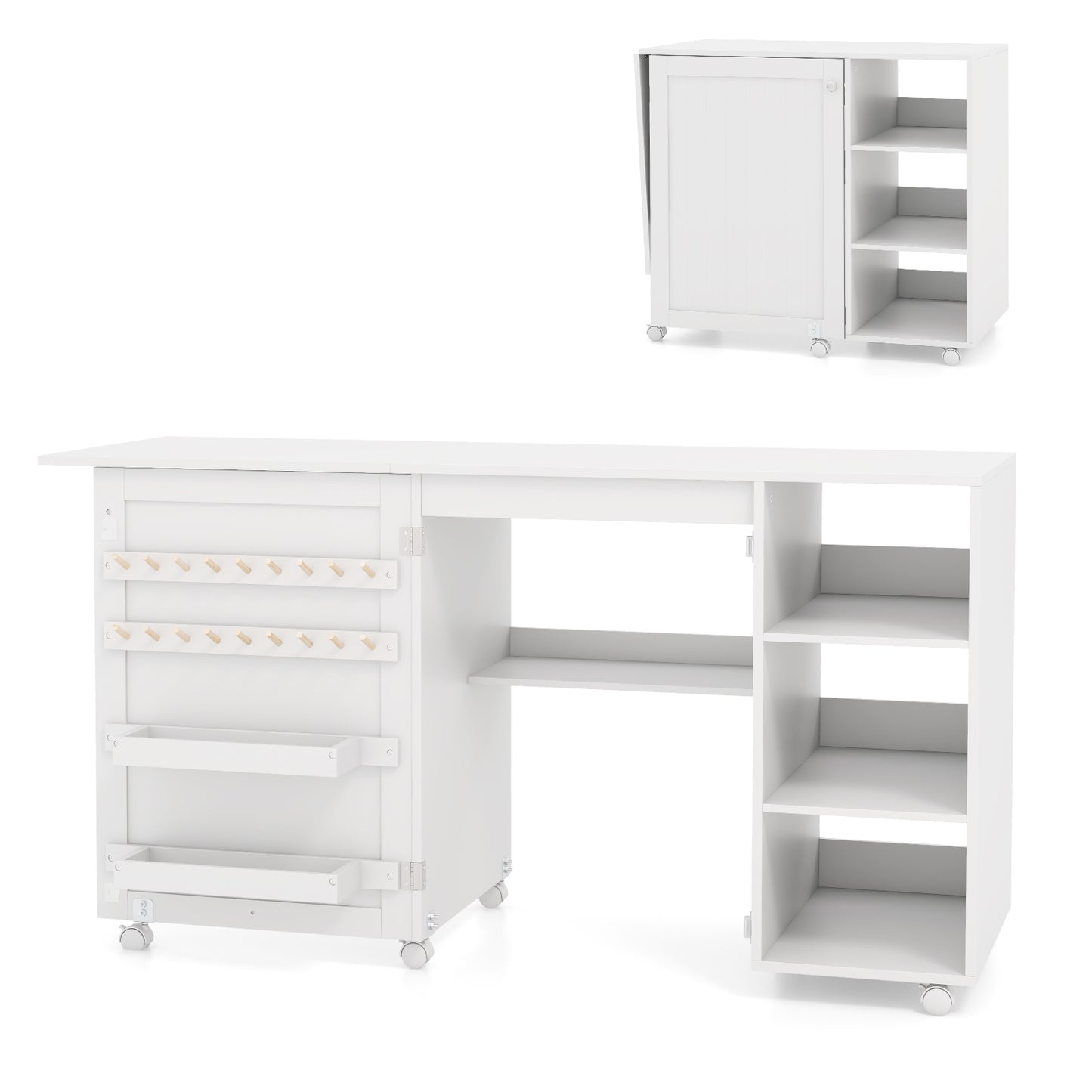 Folding Sewing Table with Storage Shelves and 18 Pegs and Lockable Casters-White, Costway, 4
