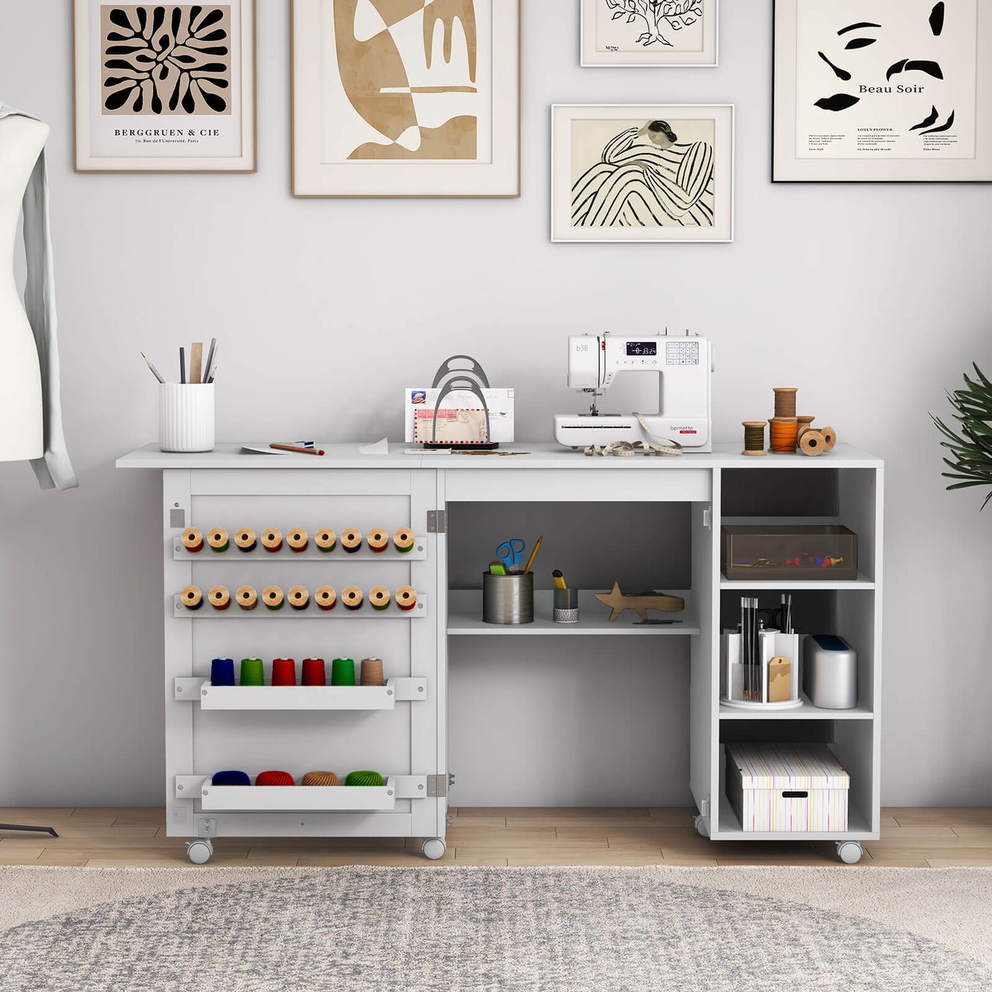 Folding Sewing Table with Storage Shelves and 18 Pegs and Lockable Casters-White, Costway, 6