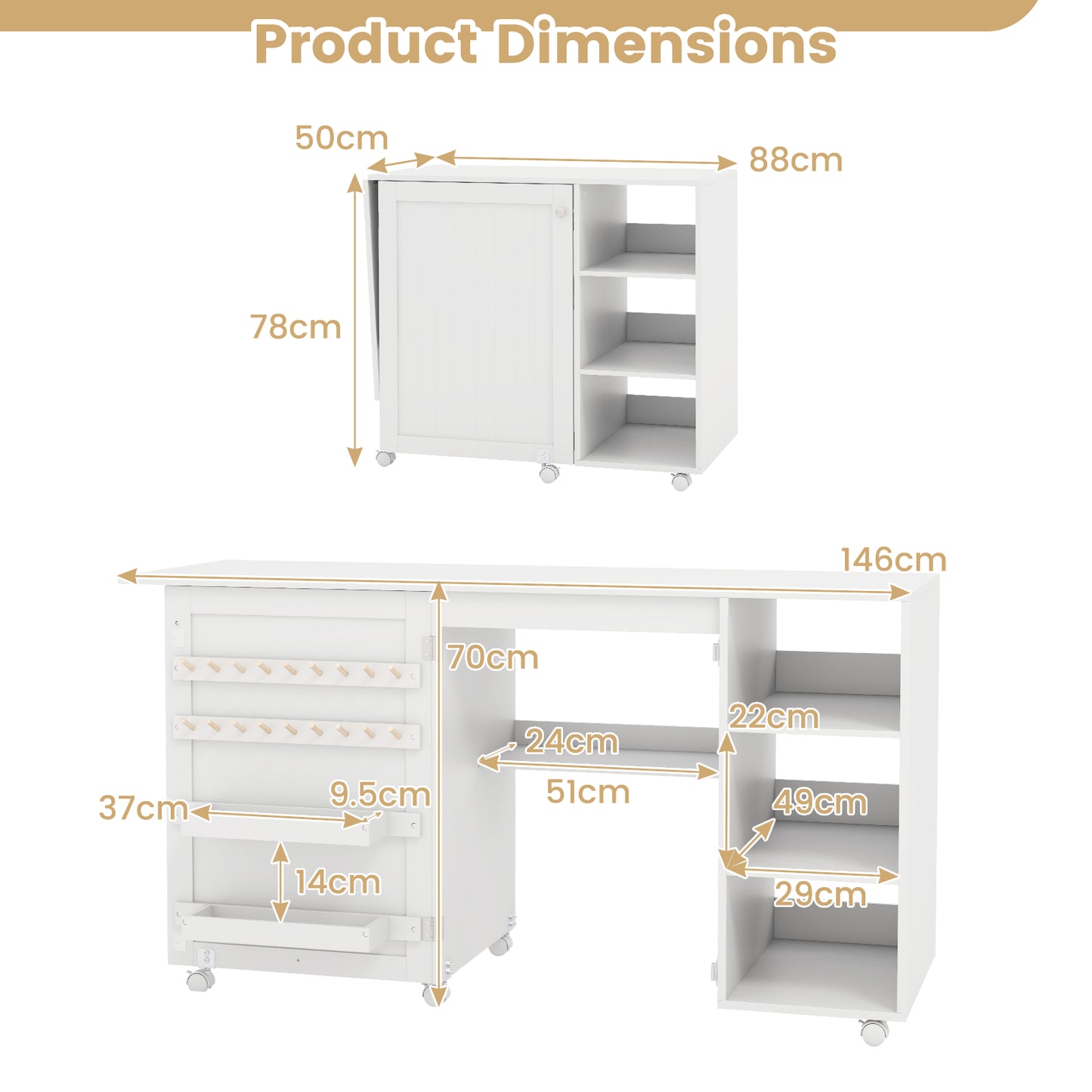 Folding Sewing Table with Storage Shelves and 18 Pegs and Lockable Casters-White, Costway, 5
