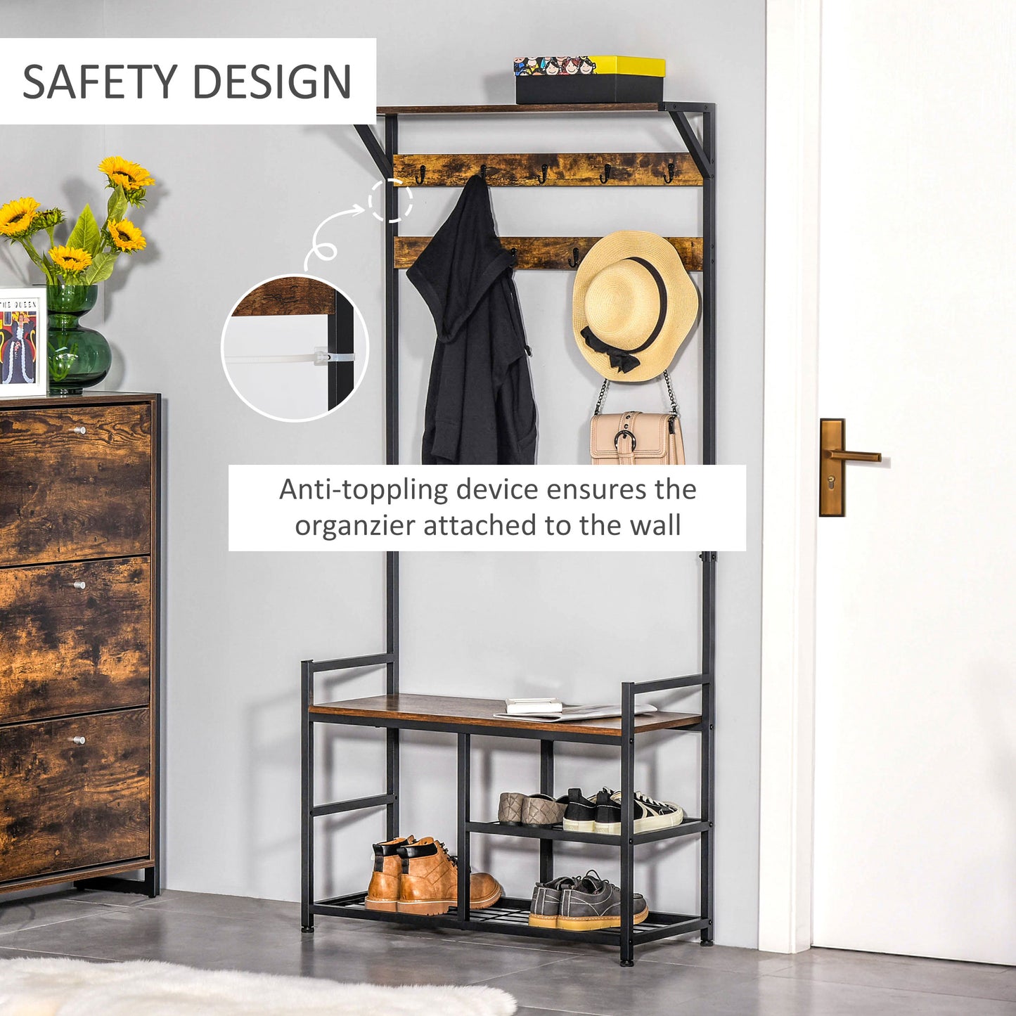 Coat Rack Stand Shoe Storage Bench with 9 Hooks Shelves for Bedroom Living Room Entryway Brown and Black 180cm, HOMCOM, 4