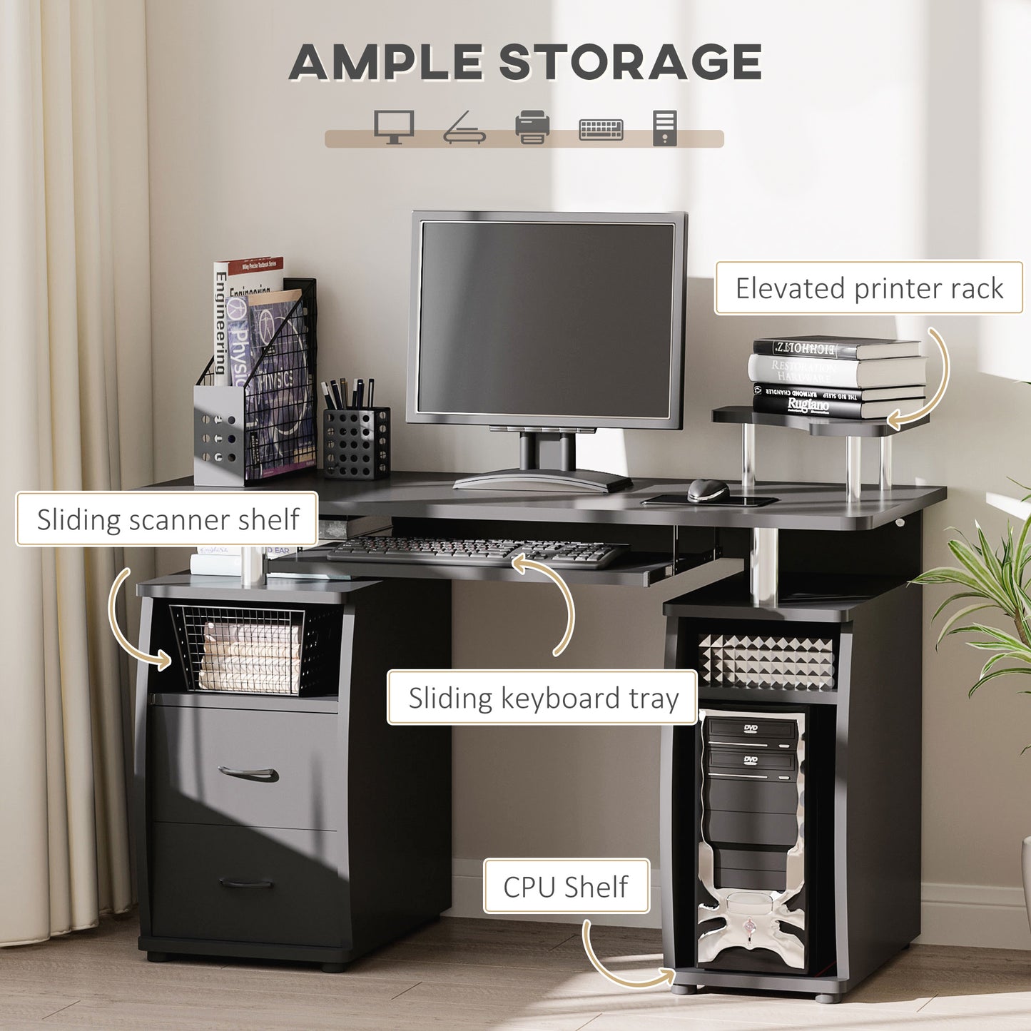 Computer Desk Office PC Table Workstation with Keyboard Tray, CPU Shelf, Drawers, Sliding Scanner Shelf, Black, HOMCOM, 4