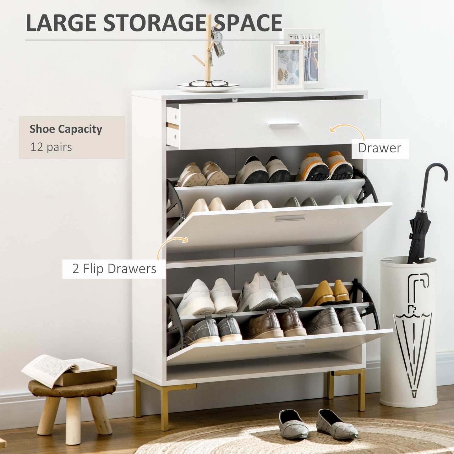 Three Drawer Slim Shoe Storage Cabinet, 12 Shoe Pairs - White, HOMCOM, 4