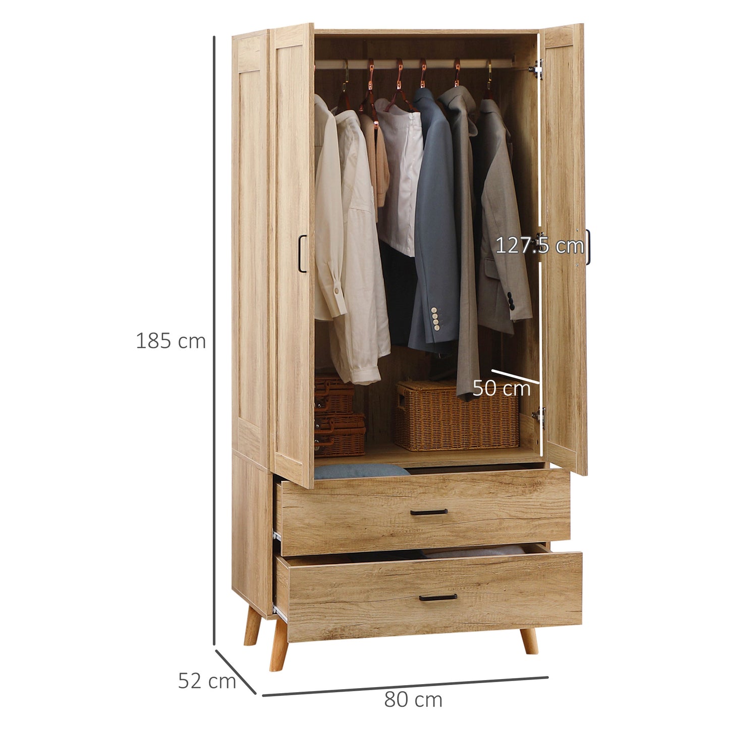 2 Door Wardrobe, Modern Wardrobe with 2 Drawer and Hanging Rail for Bedroom, Natural, HOMCOM, 3