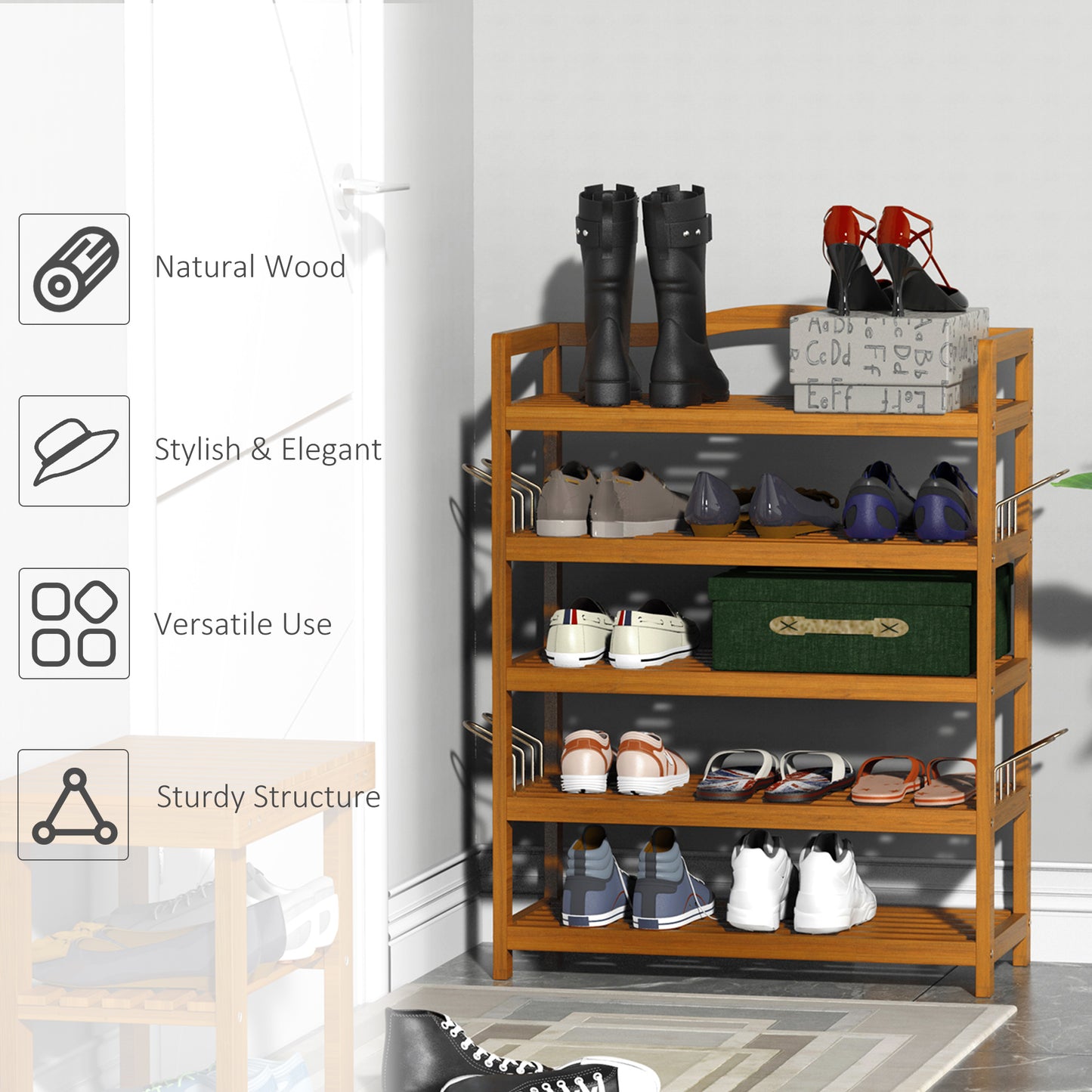 5-Tier Shoe Rack, Acacia Wooden Shoe Storage Organiser with Hangers, Holds up to 24 Pairs, for Entryway, Living Room, 64 x 26 x 82 cm, Teak, HOMCOM, 6