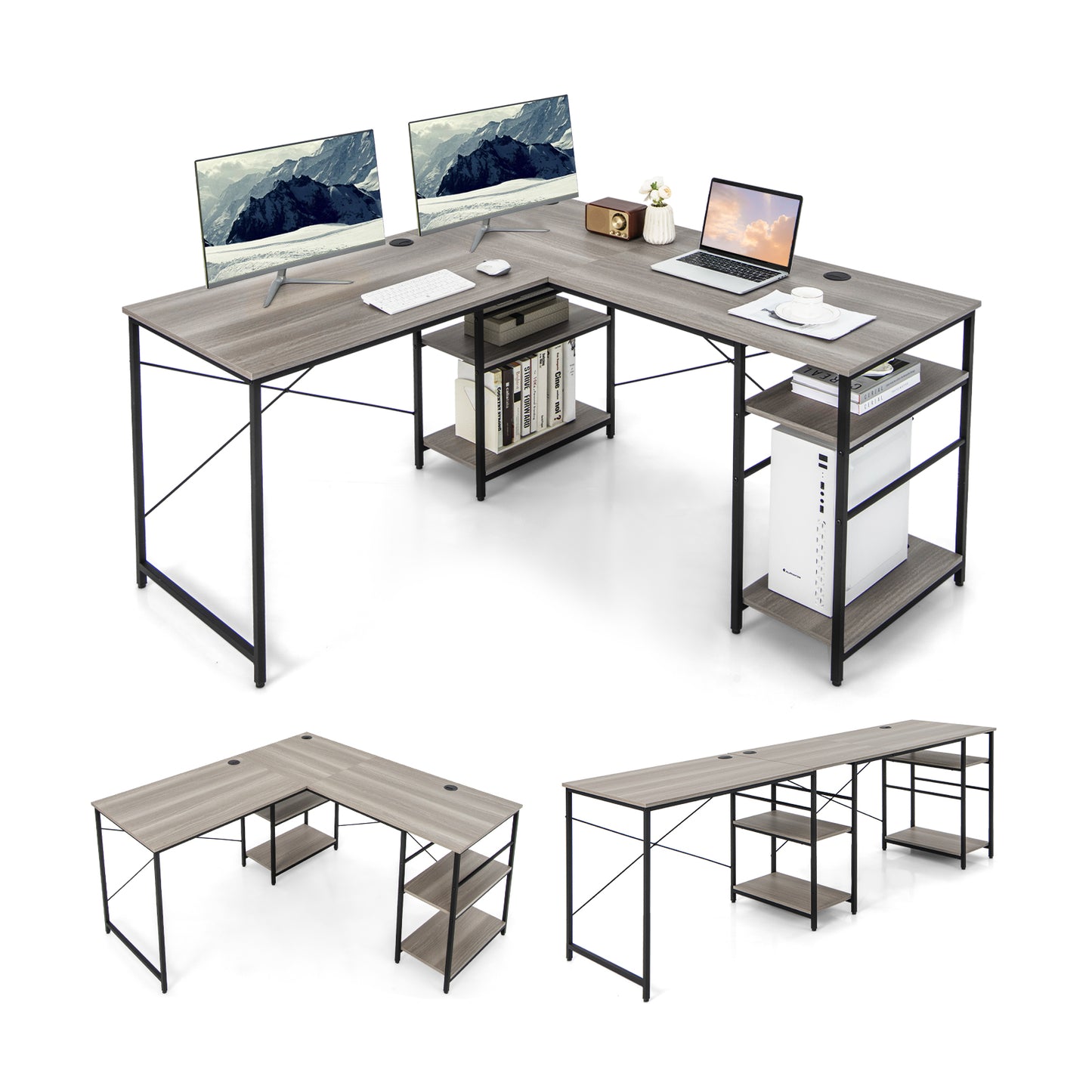Wooden Industrial L-Shaped Desk with Storage Shelves-Grey, Costway, 1