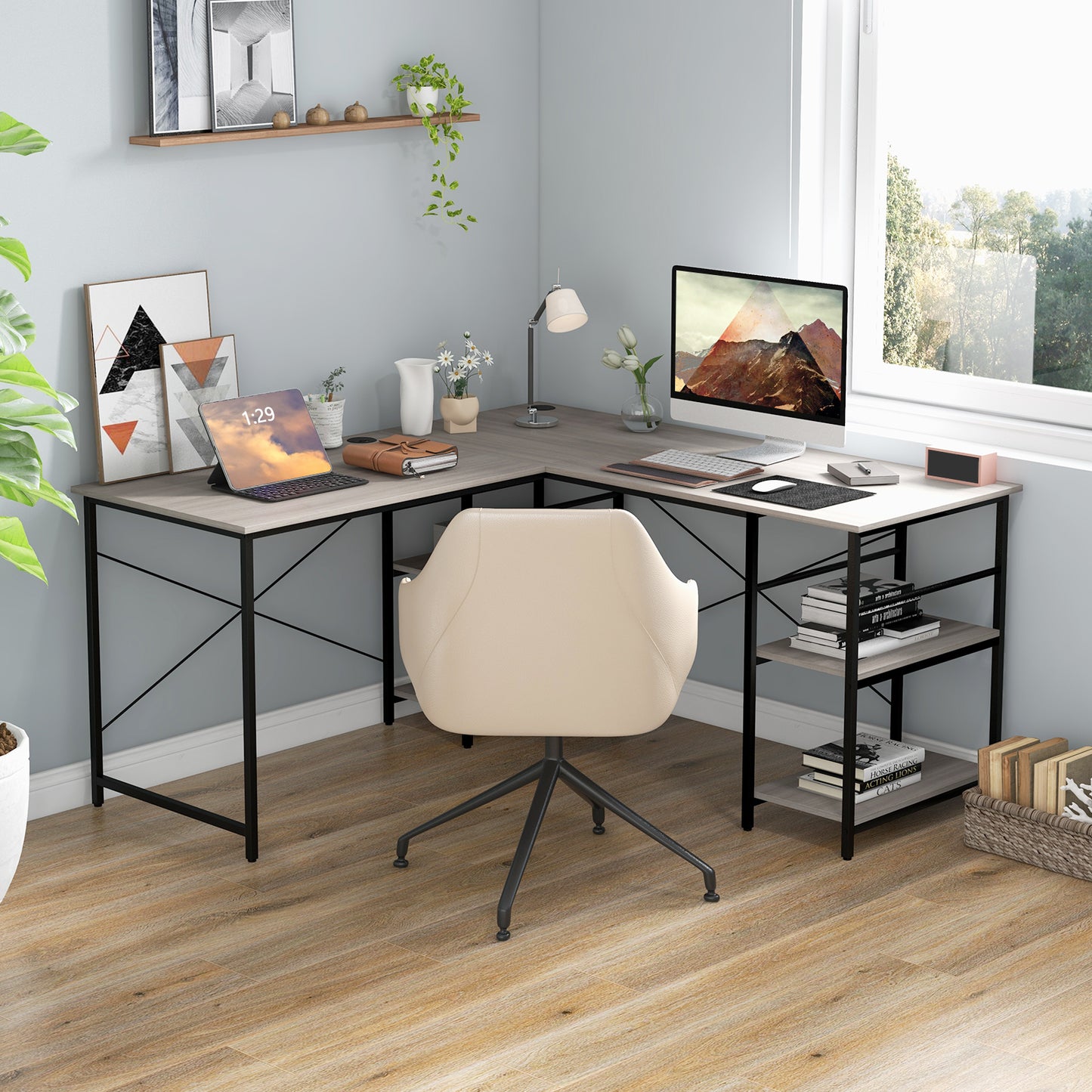 Wooden Industrial L-Shaped Desk with Storage Shelves-Grey, Costway, 3
