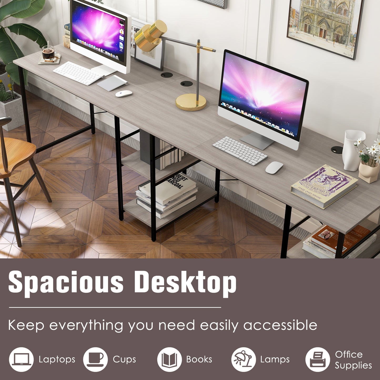 Wooden Industrial L-Shaped Desk with Storage Shelves-Grey, Costway, 6