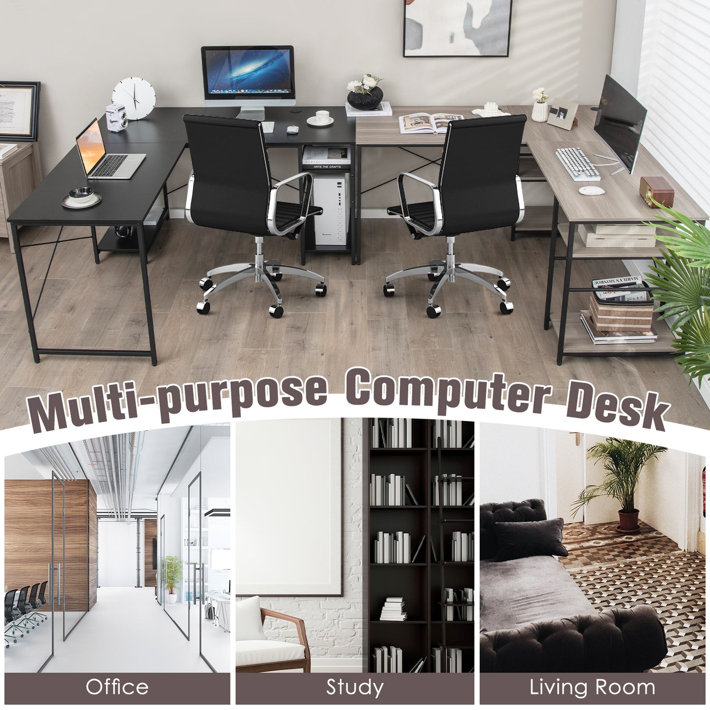 Wooden Industrial L-Shaped Desk with Storage Shelves-Grey, Costway, 7