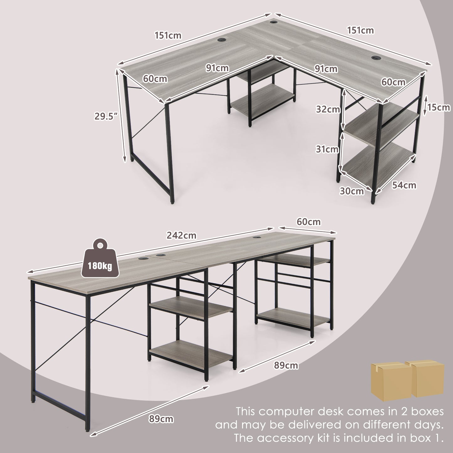 Wooden Industrial L-Shaped Desk with Storage Shelves-Grey, Costway, 5