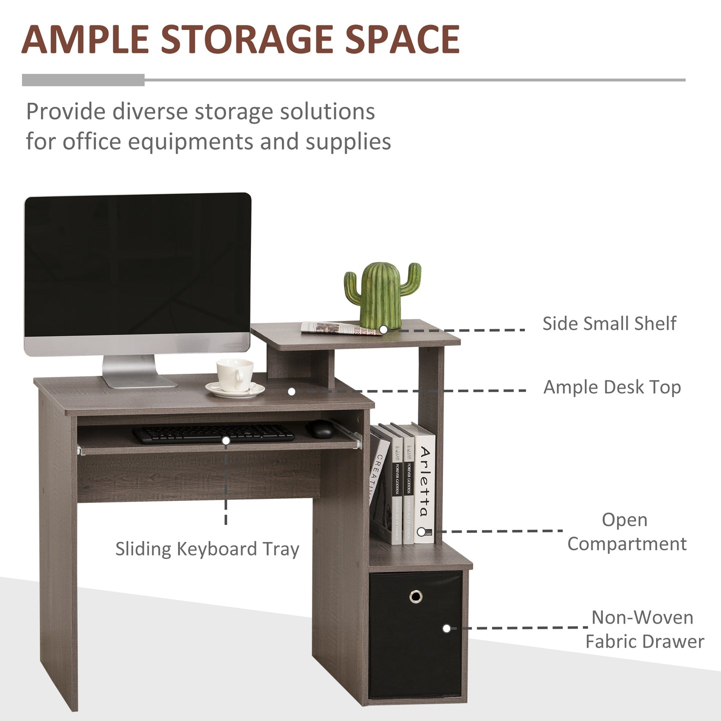 Computer Desk with Sliding Keyboard Tray Storage Drawer Shelf Home Office Workstation Grey, HOMCOM, 4