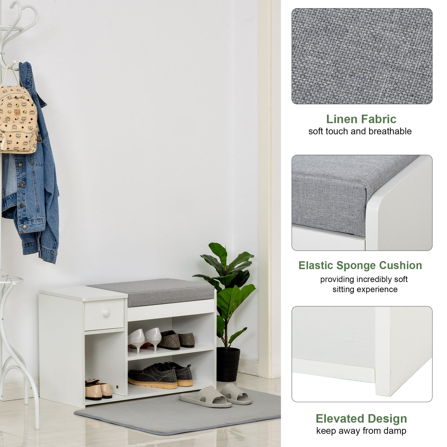 Multi-Storage Shoe Bench w/ Drawer 3 Compartments Cushioned Home Organisation Furniture Tidy Boots Hallway Entryway White, HOMCOM, 4