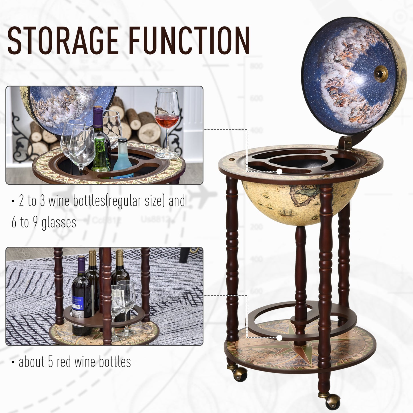 Retro Globe Drink Cabinet MDF w/ Wheels Brown, HOMCOM, 4