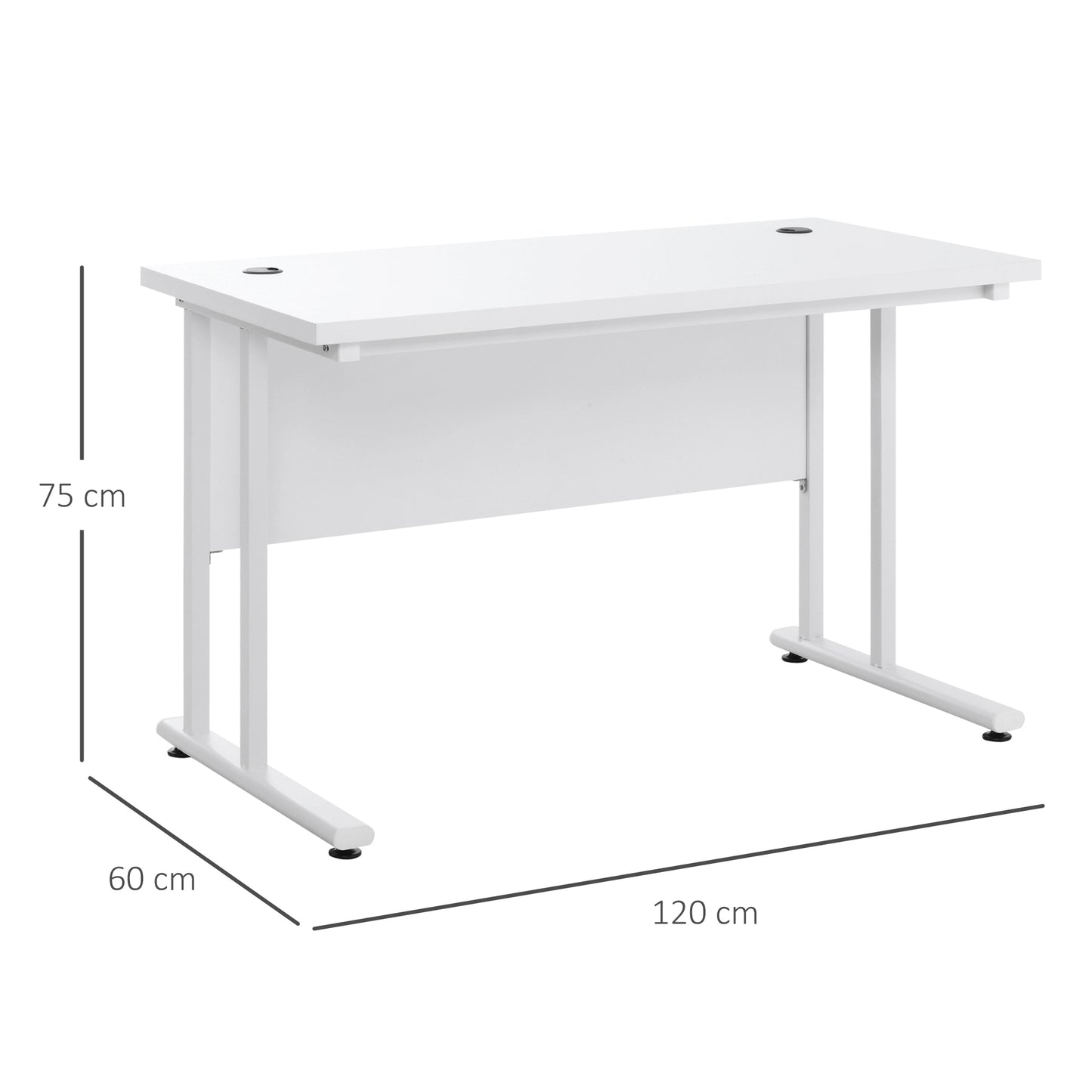 Computer Desk, Home Office Desk, Writing Table, 120x60x75cm Laptop Workstation with 2 Cable Management Holes, C Shaped Metal Legs for Adults, White, HOMCOM, 3