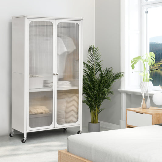 Clothes Rail, Wardrobe on Wheels, Mobile Metal Wardrobe Armoire Closet with Hanging Rod and Adjustable Shelf, White, Costway, 1