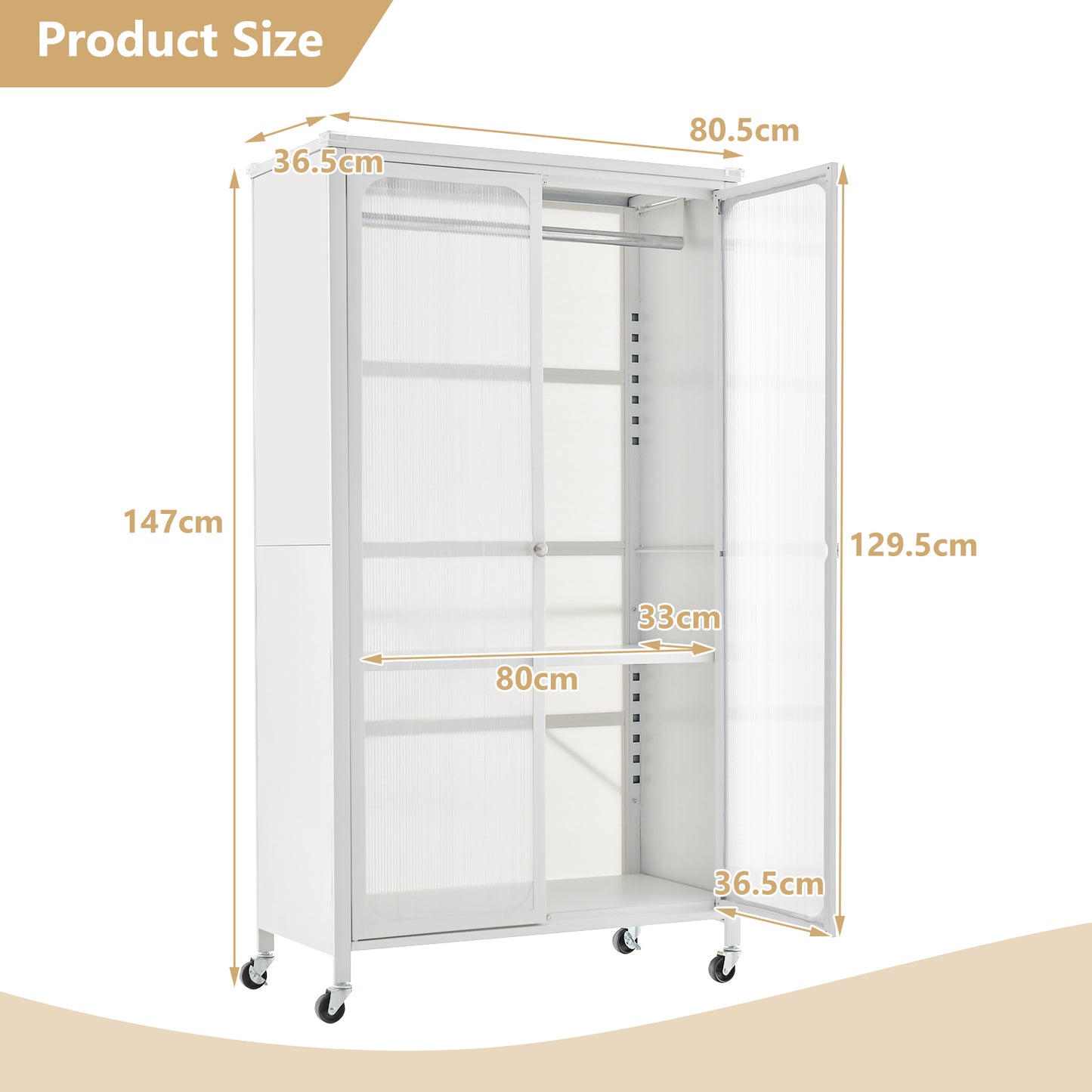 Clothes Rail, Wardrobe on Wheels, Mobile Metal Wardrobe Armoire Closet with Hanging Rod and Adjustable Shelf, White, Costway, 3