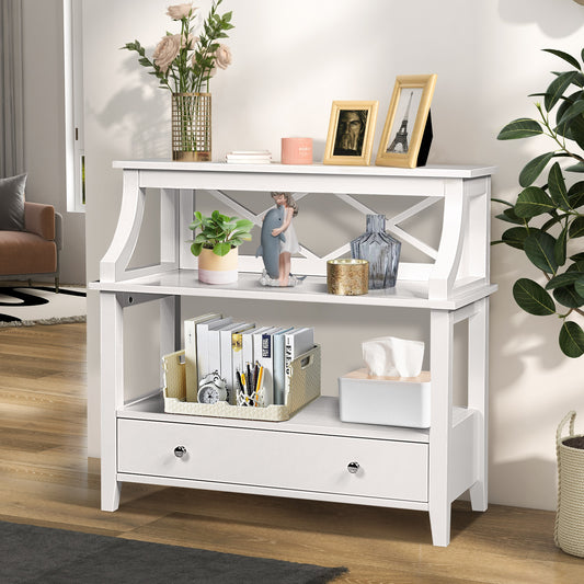 3 Tier Console Table with a Large Drawer for Living Room-White, Costway, 1