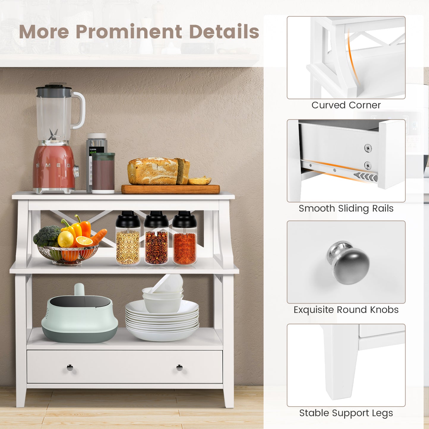 3 Tier Console Table with a Large Drawer for Living Room-White, Costway, 1