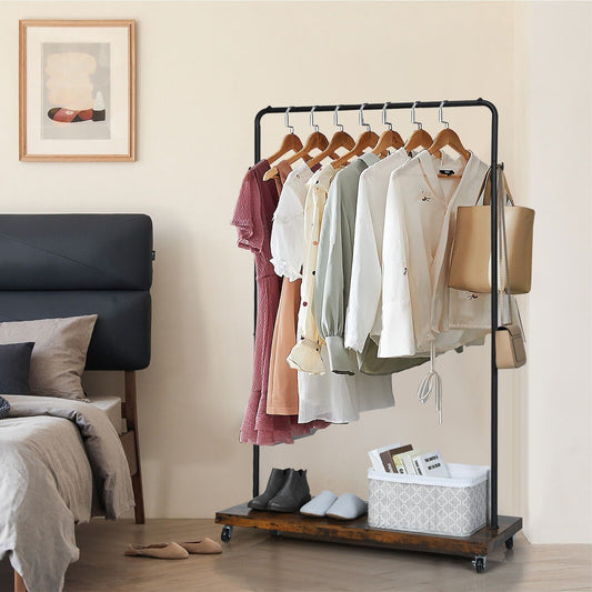 Clothes Rail, Industrial Clothes Rail, Coat Rack with Shoe Storage, Garment Rack with Wheels, Black, Costway