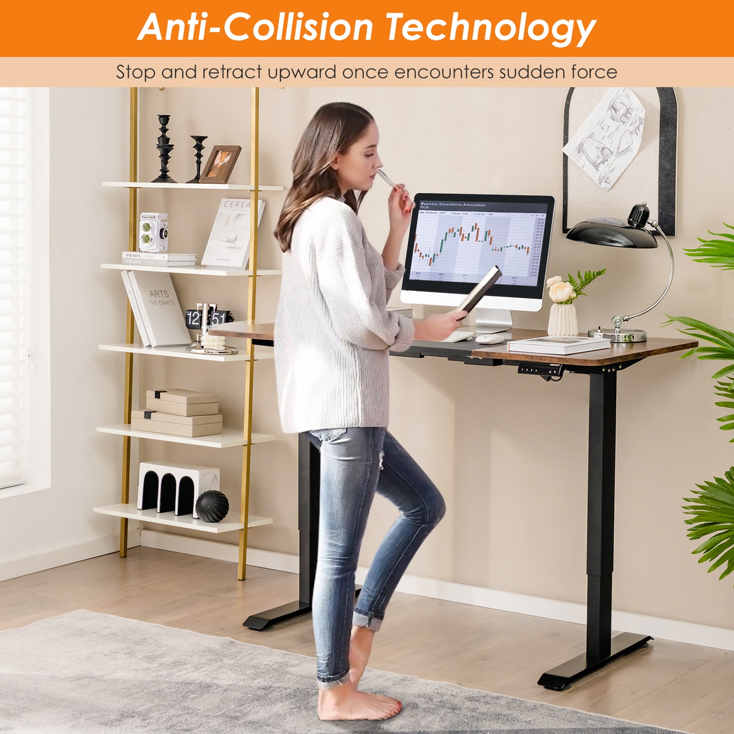 Electric Height Adjustable Standing Desk with Memory Smart Presets and Anti-Collision Function-Rustic Brown, Costway, 6