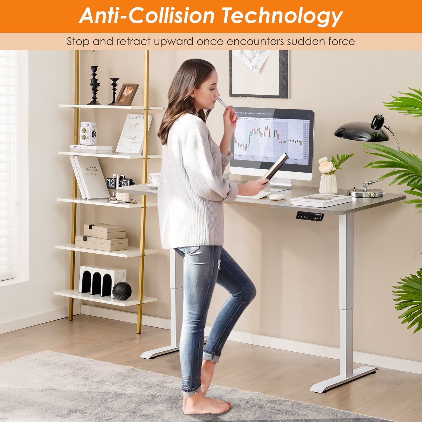 Electric Height Adjustable Standing Desk with Memory Smart Presets and Anti-Collision Function-Grey, Costway, 6