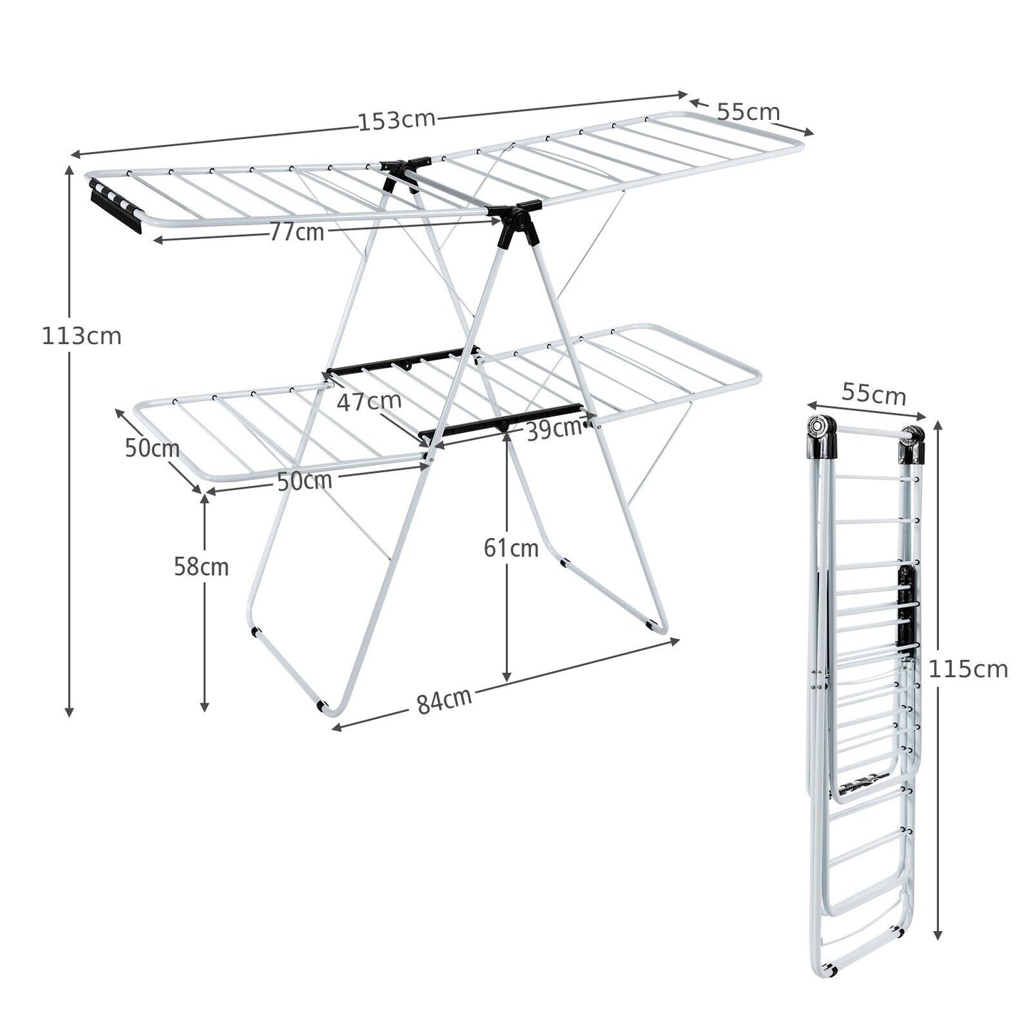 Clothes Drying Rack, Winged Clothes Airer, 2-Level Foldable Clothes Drying Rack with Adjustable Gullwing Black White, Costway, 3