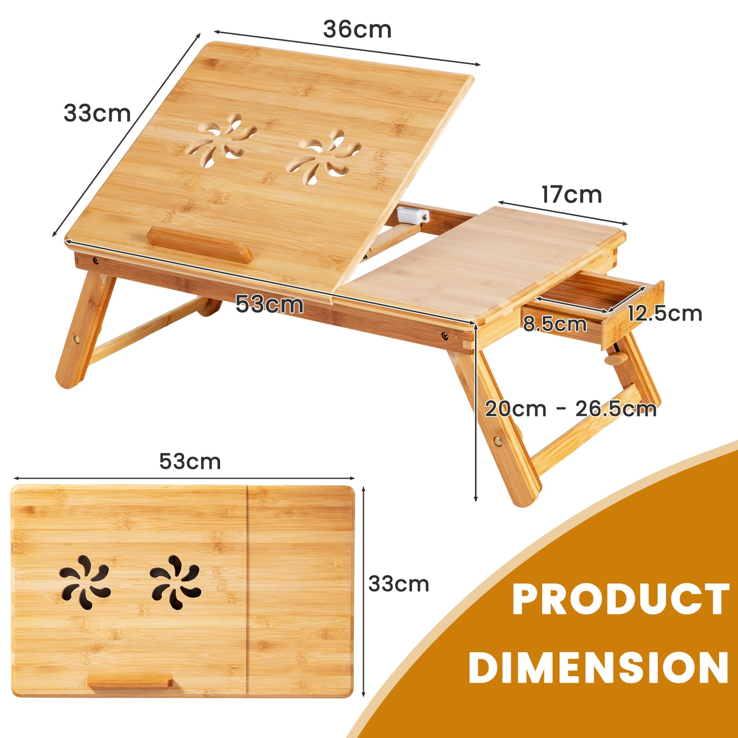 Portable Bamboo Laptop Lap Tray with Adjustable Legs and Tilting Top-Natural, Costway, 3