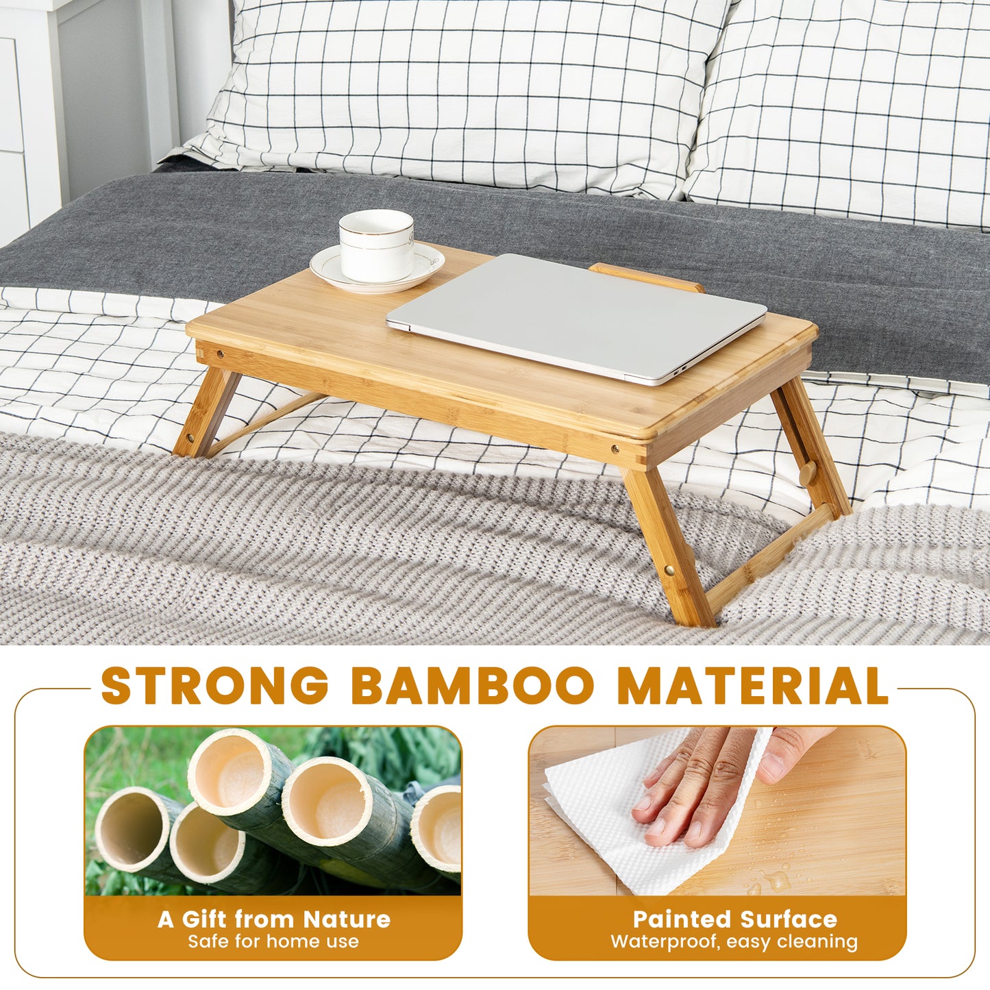 Portable Bamboo Laptop Lap Tray with Adjustable Legs and Tilting Top-Natural, Costway, 4