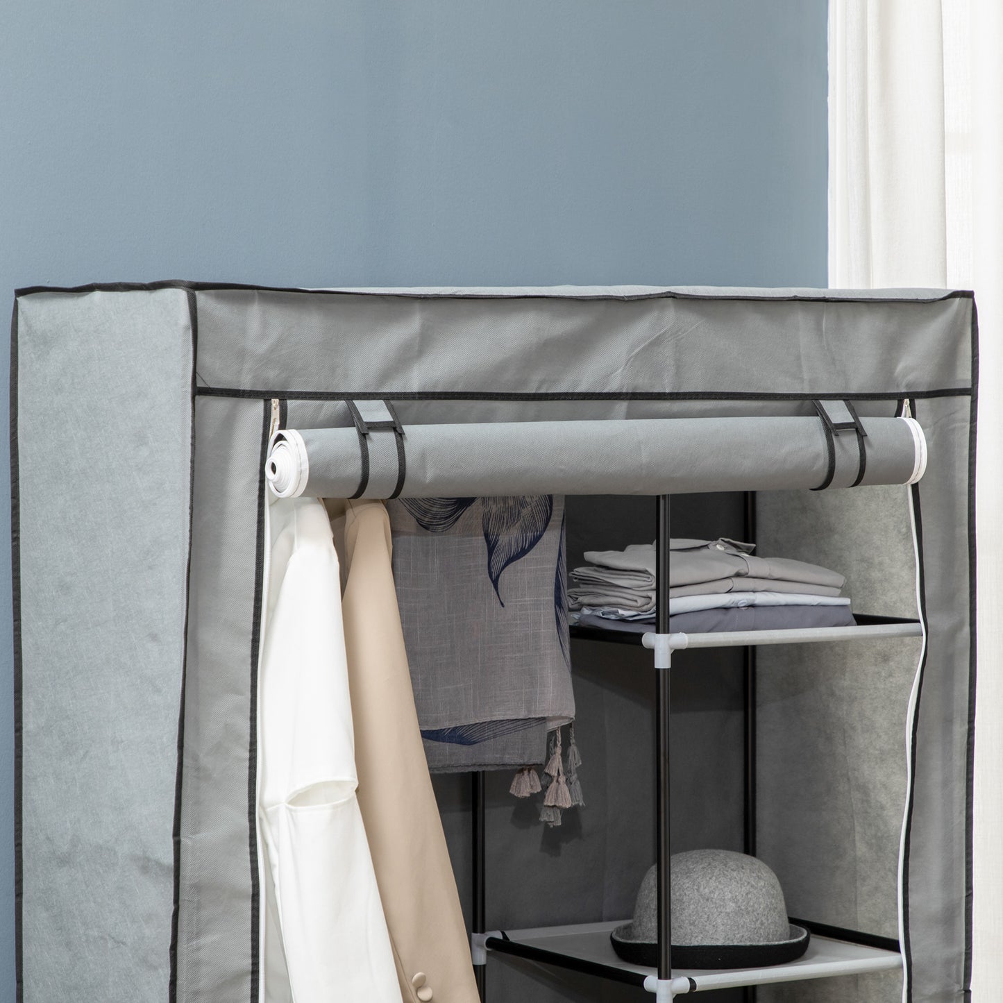 Fabric Wardrobe, Portable Wardrobe with 6 Shelves, 1 Hanging Rail, Foldable Closets, 103 x 43 x 162.5 cm, Light Grey, HOMCOM, 7