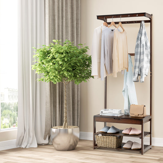 Entryway Storage Organizer with 10 Hanging Hooks and 2-Tier Shoe Shelves-Coffee, Costway, 2