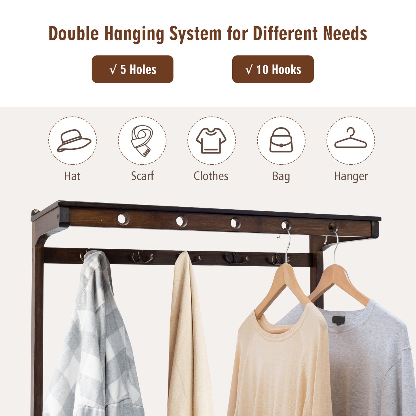 Entryway Storage Organizer with 10 Hanging Hooks and 2-Tier Shoe Shelves-Coffee, Costway, 7
