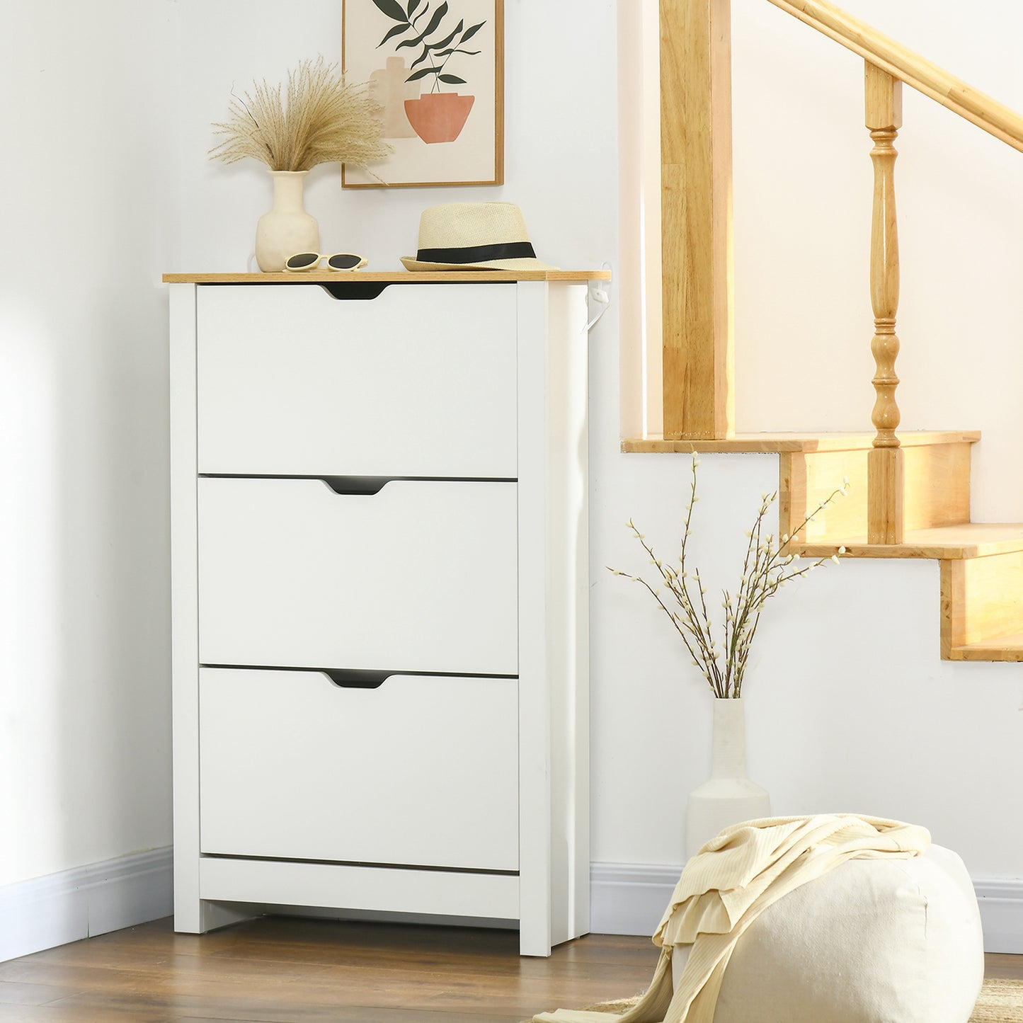 Slim Shoe Cabinet, Narrow Shoe Cupboard with 3 Flip Drawers, Adjustable Shelves for 18 Pairs of Shoes for Hallway, White, HOMCOM, 8