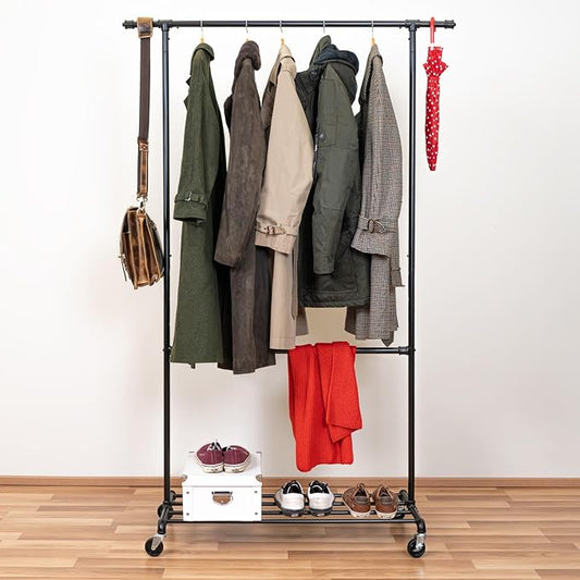 Clothes Rail on Wheels, Heavy Duty, Double Rail, with Shelf for Shoe Storage, Industrial Design, Black Metal, Tatkraft Drago, 1