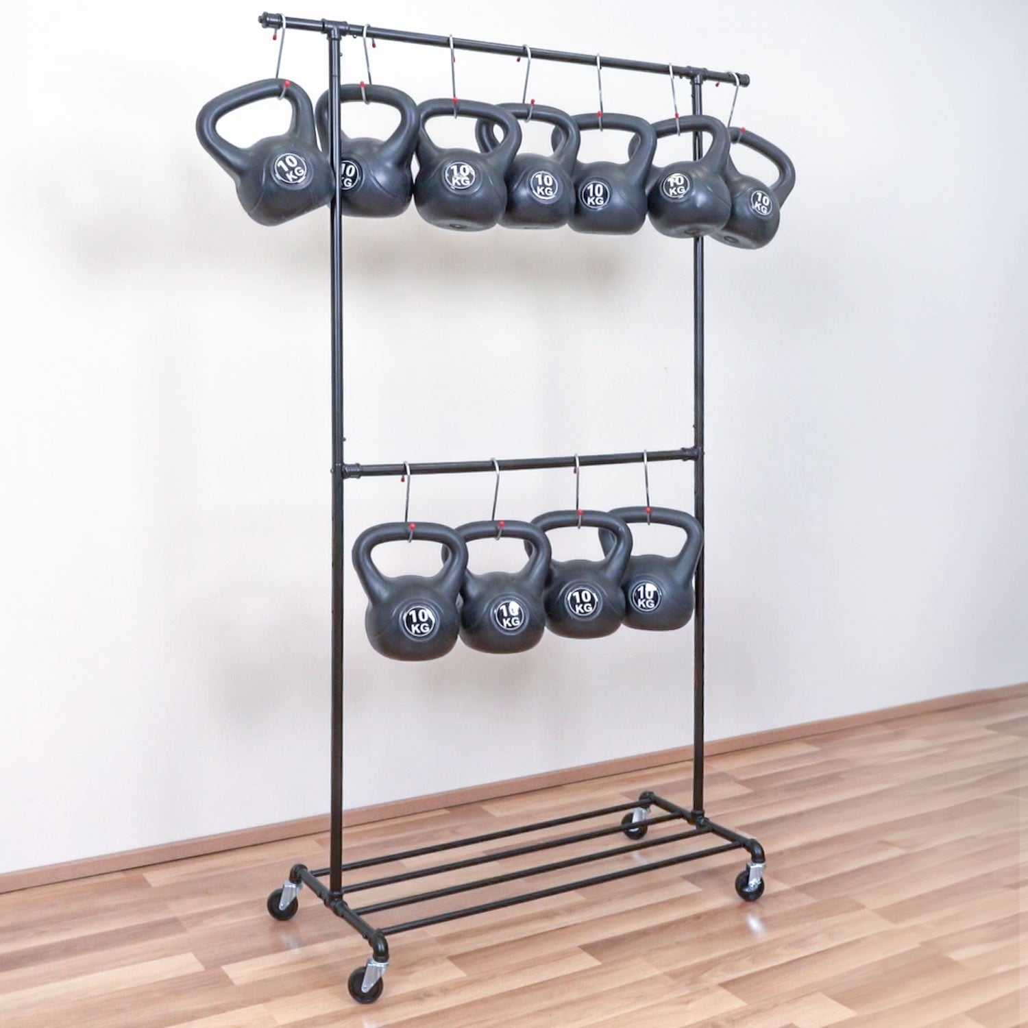 Clothes Rail on Wheels, Heavy Duty, Double Rail, with Shelf for Shoe Storage, Industrial Design, Black Metal, Tatkraft Drago, 3