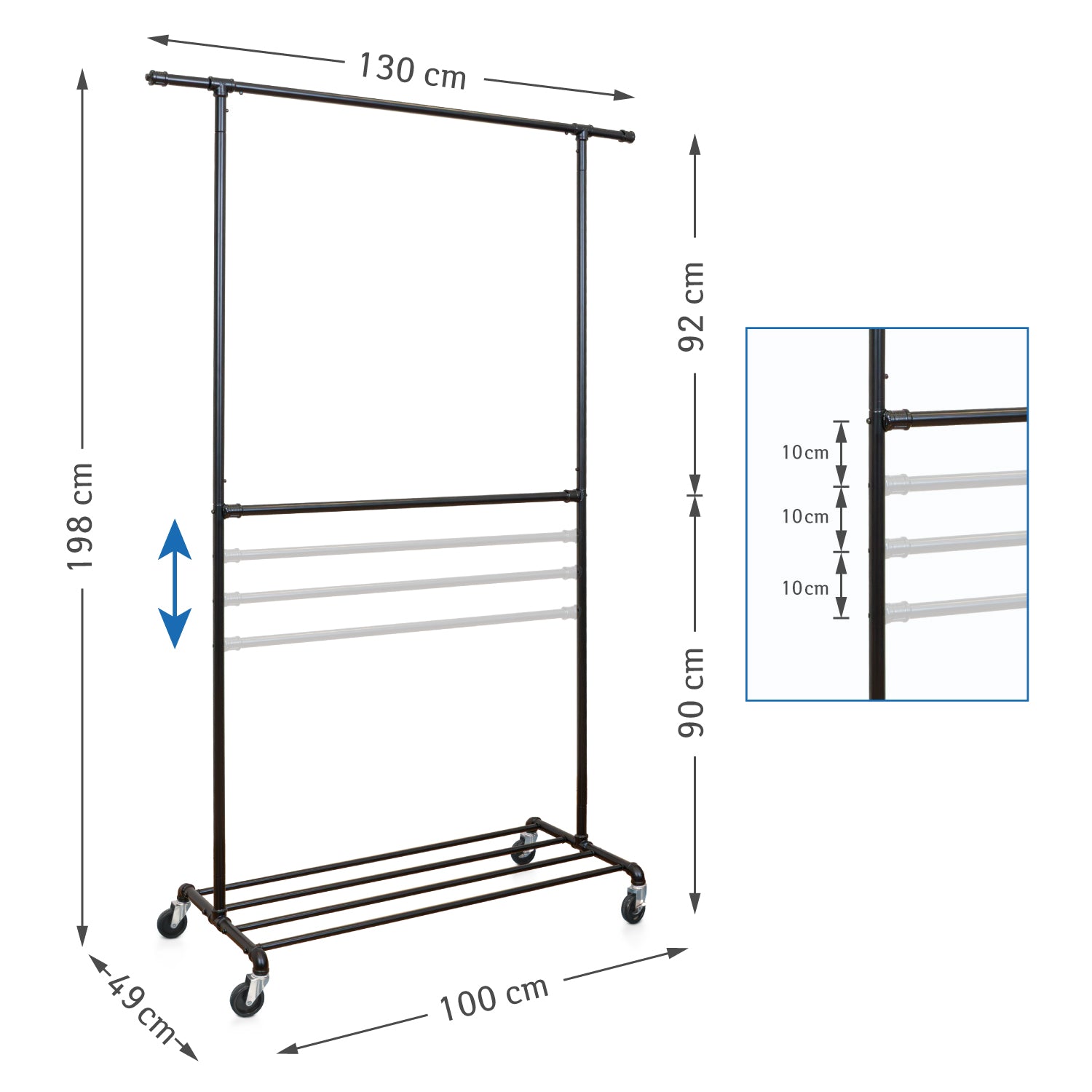 Clothes Rail on Wheels, Heavy Duty, Double Rail, with Shelf for Shoe Storage, Industrial Design, Black Metal, Tatkraft Drago, 4