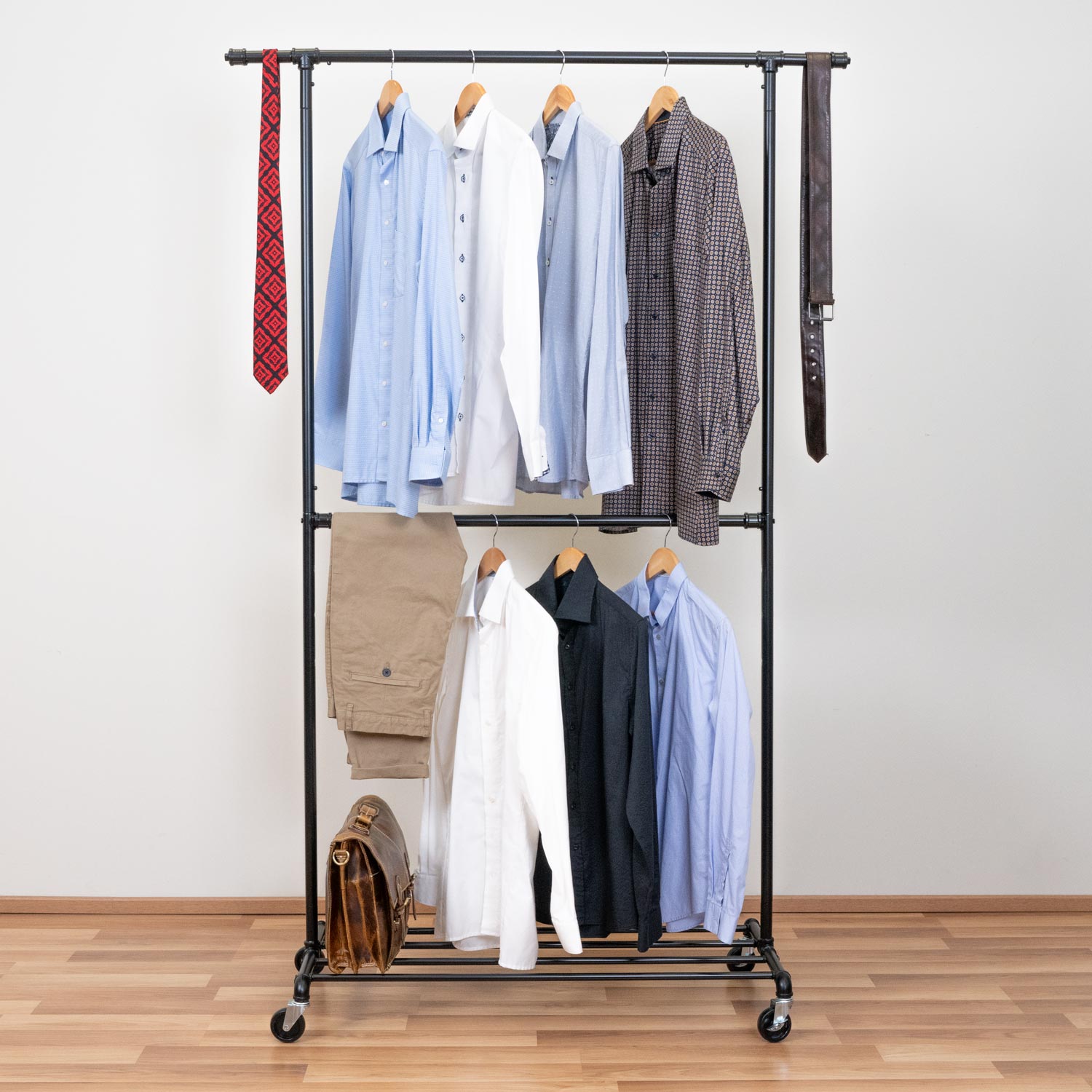 Clothes Rail on Wheels, Heavy Duty, Double Rail, with Shelf for Shoe Storage, Industrial Design, Black Metal, Tatkraft Drago, 6