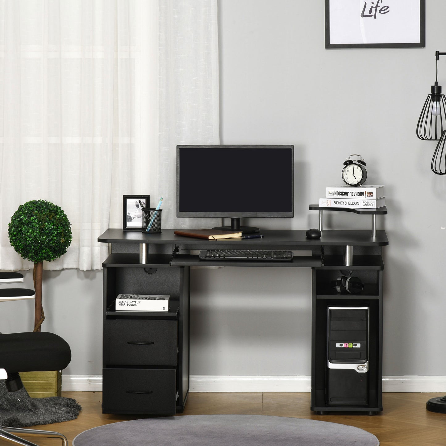 Computer Desk Office PC Table Workstation with Keyboard Tray, CPU Shelf, Drawers, Sliding Scanner Shelf, Black, HOMCOM, 7
