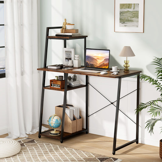 Home Office Desk with Bookshelf and Host Stand-Brown, Costway, 2