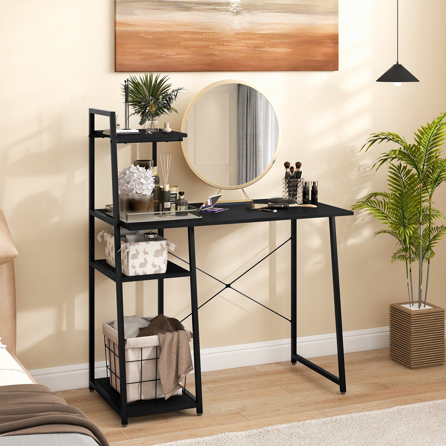 Home Office Desk with Bookshelf and Host Stand-Black, Costway, 7