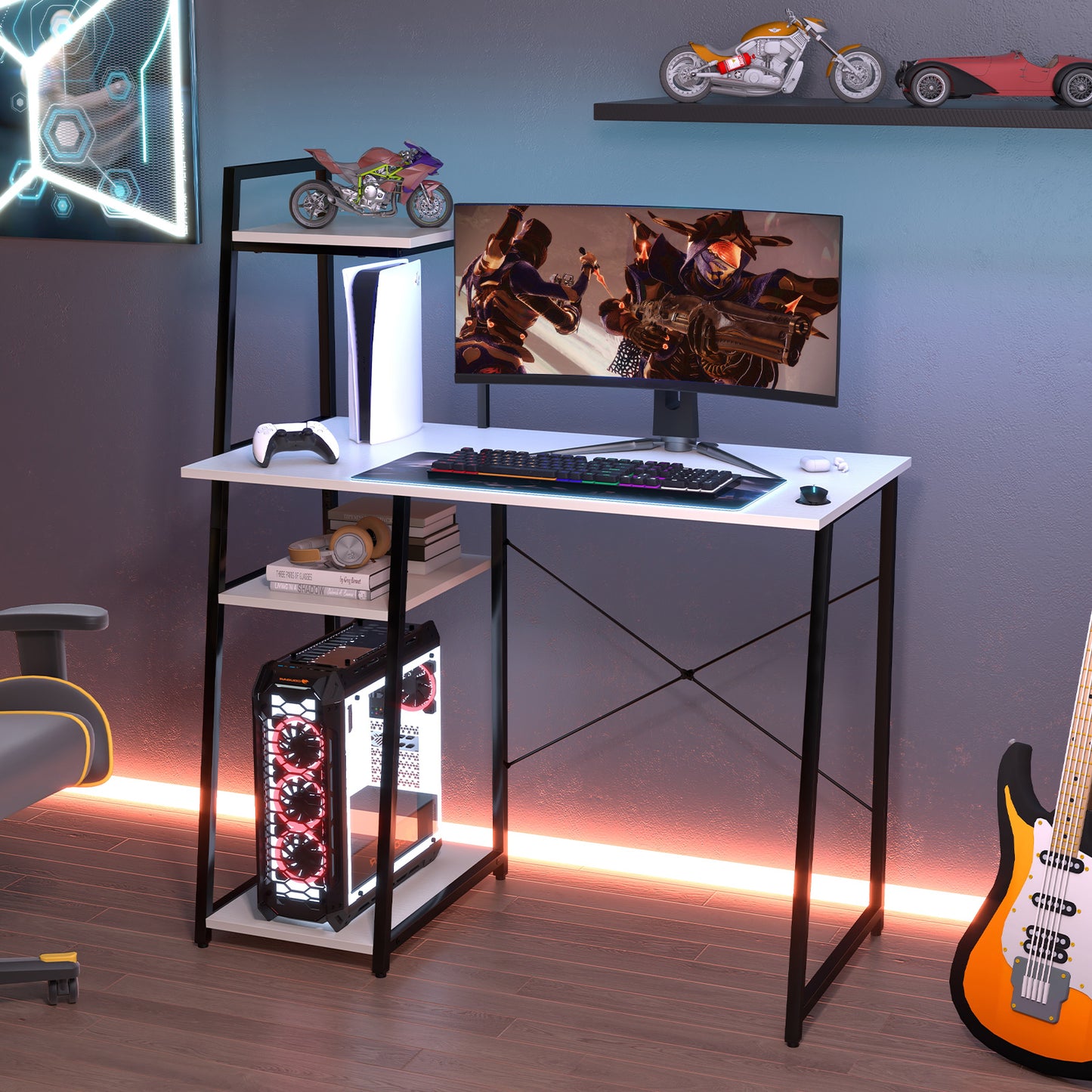 Home Office Desk with Bookshelf and Host Stand-White, Costway, 3