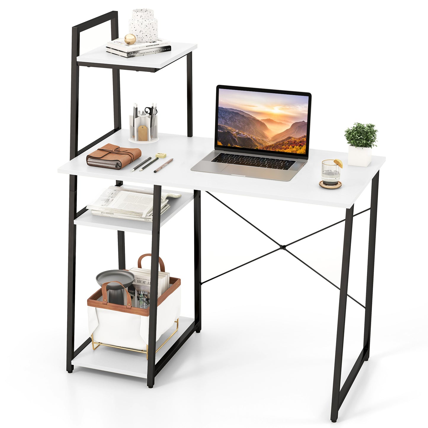 Home Office Desk with Bookshelf and Host Stand-White, Costway, 4
