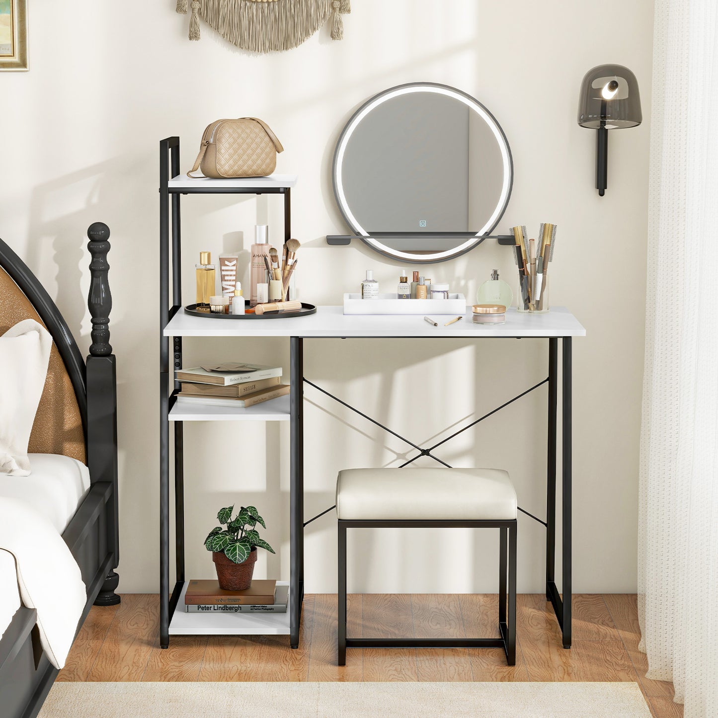 Home Office Desk with Bookshelf and Host Stand-White, Costway, 6