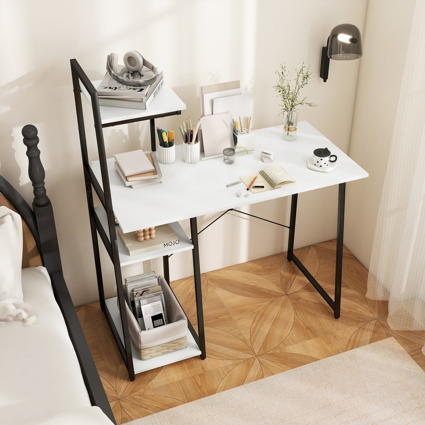 Home Office Desk with Bookshelf and Host Stand-White, Costway, 7
