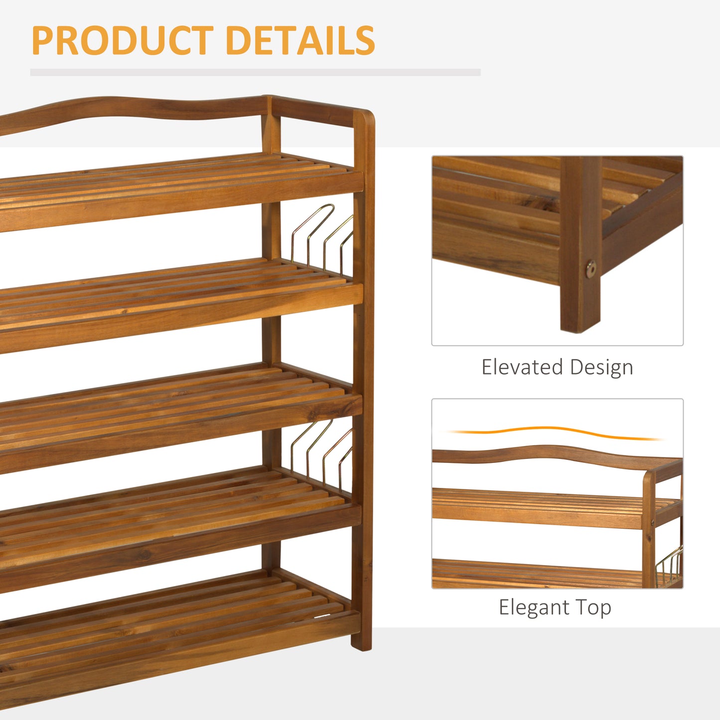 5-Tier Shoe Rack, Acacia Wooden Shoe Storage Organiser with Hangers, Holds up to 24 Pairs, for Entryway, Living Room, 64 x 26 x 82 cm, Teak, HOMCOM, 5