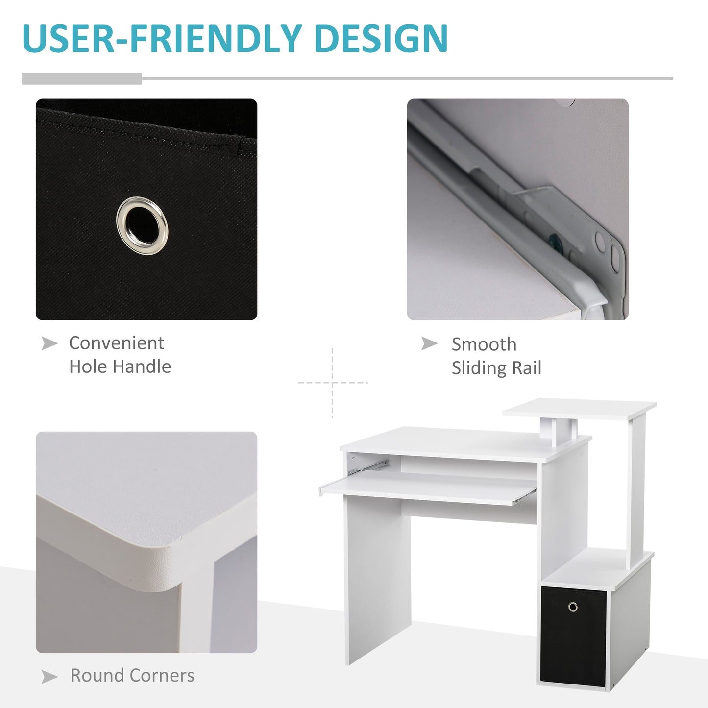Computer Desk with Sliding Keyboard Tray Storage Drawer Shelf Home Office Workstation White, HOMCOM, 5
