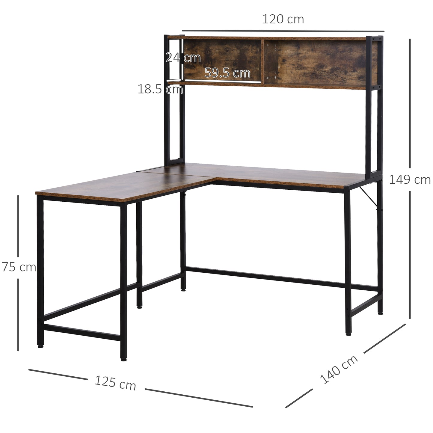 Reversible L Shaped Desk with Hutch, Industrial Computer Desk, Corner Desk with Storage Compartments and Steel Frame for Home Office, Study, 140 x 125cm, Brown, HOMCOM, 3